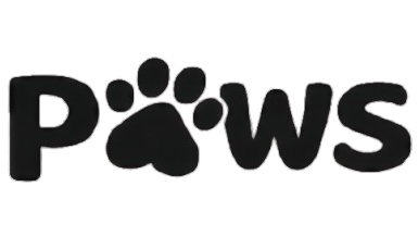 Black 'PAWS' logo with paw prints on a white background